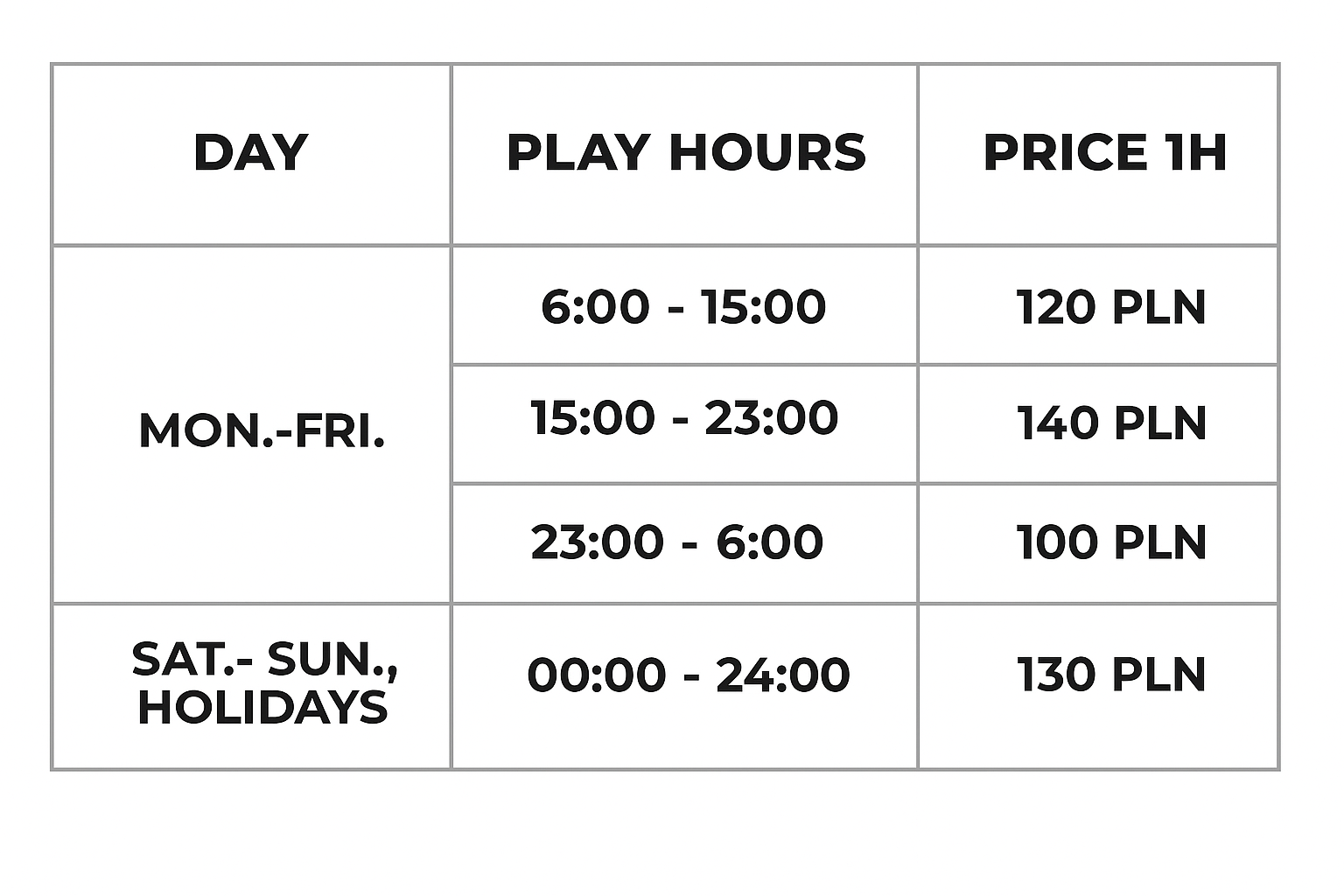 padel price list
